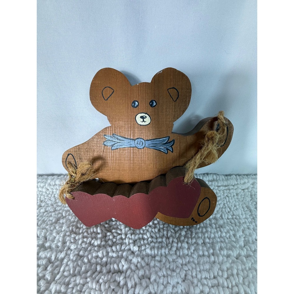 VTG Hand Painted Wooden Teddy Bear with Hearts Cottagecore Wall Decor Brown 6in